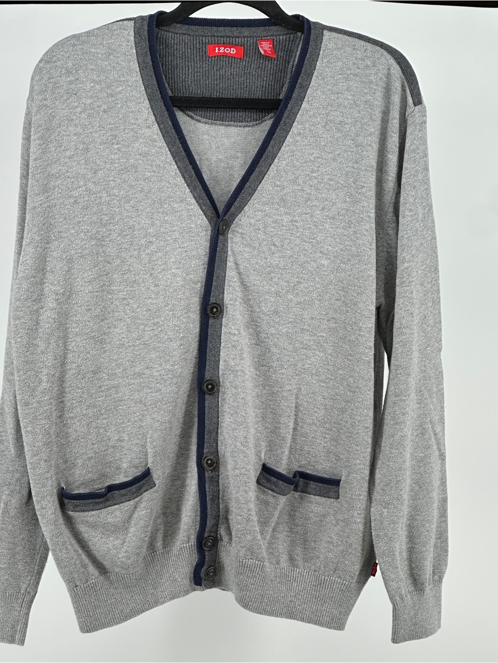 Men’s Large Izod Grey Cardigan Navy Trim Grandpacore Letterman’s Preppy Classic